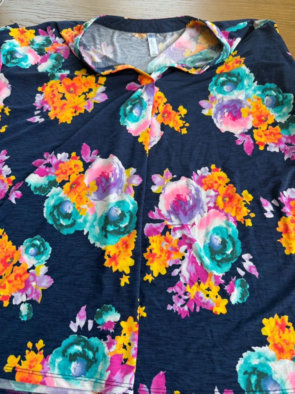Floral Split-Neck Blouse in Navy with Multicolor Bloom
